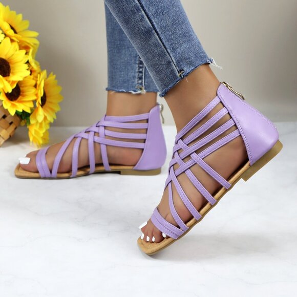 Women's Roman Gladiator Muliti Straped Back Zip Design Flat Heel Sandals Lilac - Picture 3 of 5
